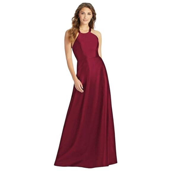 ALFRED SUNG Halter Lace-Up Back Satin Twill Gown In Burgundy - Picture 2 of 11